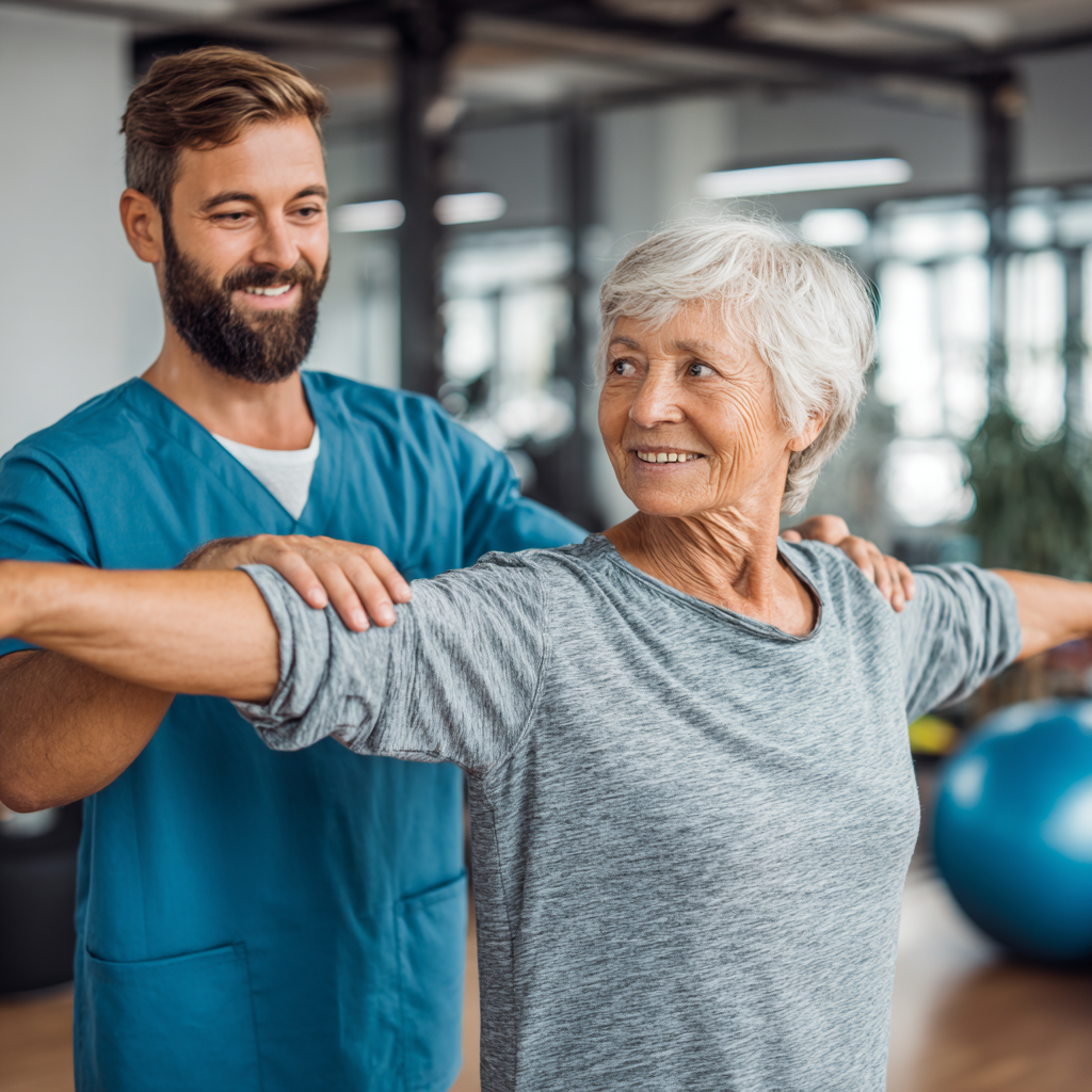 Активна старша жінка європейської зовнішності виконує вправи для суглобів у парку, посміхається, демонструє гнучкість та здоровий спосіб життя