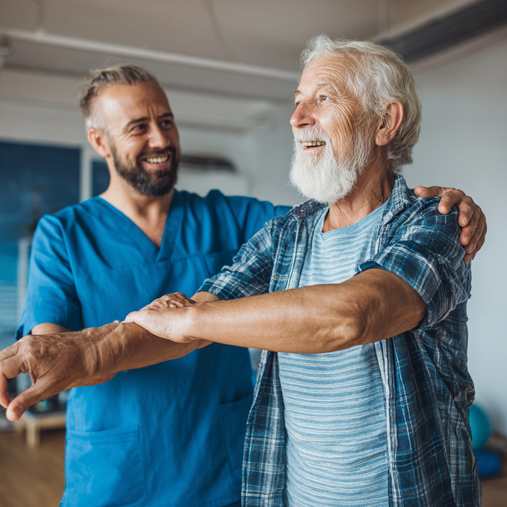 Група активних літніх людей європейської зовнішності займається легкими фізичними вправами на свіжому повітрі, демонструє здоровий спосіб життя