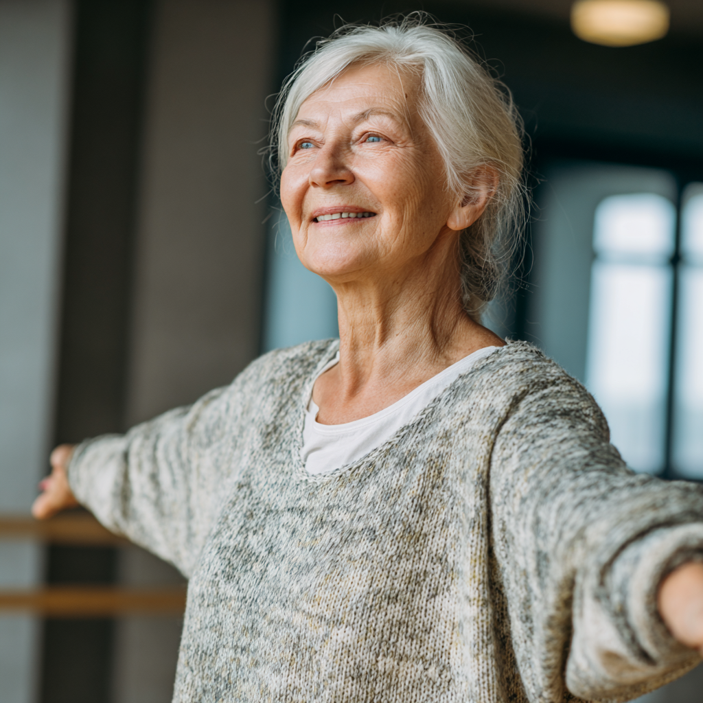 Професійний фізіотерапевт європейської зовнішності працює з літнім пацієнтом, демонструючи правильну техніку вправ для суглобів